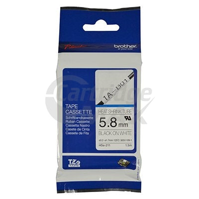 Brother HSe-211 Original 5.8mm Black Text on White Heat Shrink Tube Tape - 1.5 meters