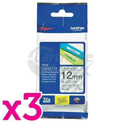 3 x Brother TZe-131 Original 12mm Black Text on Clear Laminated Tape - 8 meters