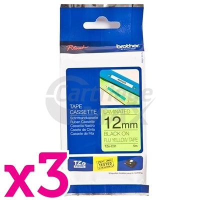 3 x Brother TZe-C31 Original 12mm Black Text on Yellow Fluorescent Laminated Tape - 5 meters
