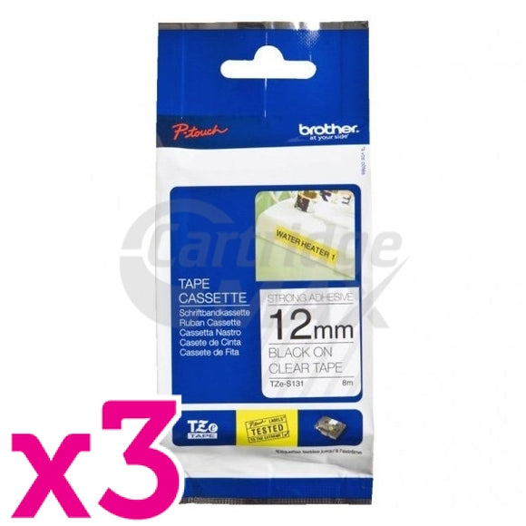 3 x Brother TZe-S131 Original 12mm Black Text on Clear Strong Adhesive Laminated Tape - 8 metres