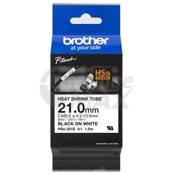 Brother HSe-251E Original 21mm Black Text on White Heat Shrink Tube Tape - 1.5 meters