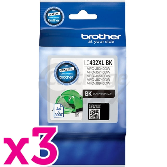 3 x Brother LC-432XLBK Original Black High Yield Ink Cartridge