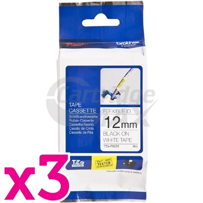 3 x Brother TZe-FX231 Original 12mm Black Text on White Flexible ID Laminated Tape - 8 metres
