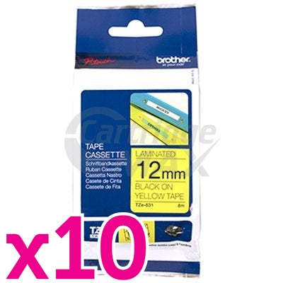 10 x Brother TZe-631 Original 12mm Black Text on Yellow Laminated Tape - 8 meters