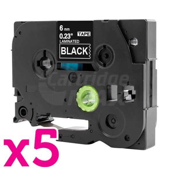 5 x Brother TZe-315 Generic 6mm White Text on Black Laminated Tape - 8 meters