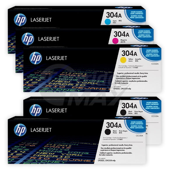 5 Pack HP CC530A-CC533A (304A) Original Toner Cartridges [2BK,1C,1M,1Y]