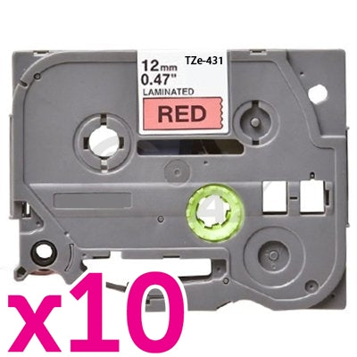 10 x Brother TZe-431 Generic 12mm Black Text on Red Laminated Tape - 8 meters