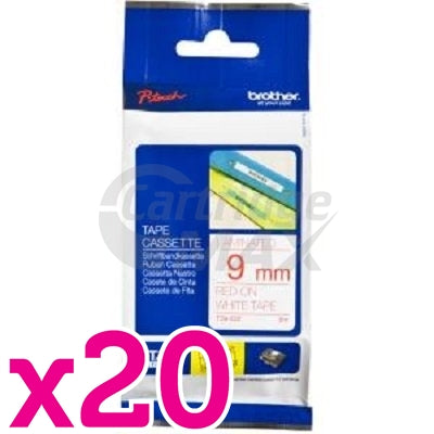 20 x Brother TZe-222 Original 9mm Red Text on White Laminated Tape - 8 meters