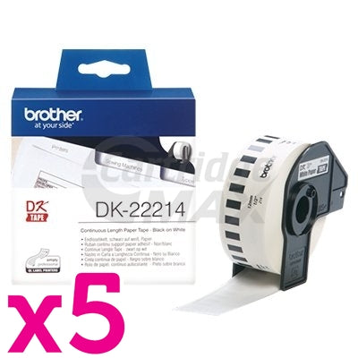 5 x Brother DK-22214 Original Black Text on White Continuous Paper Label Roll 12mm x 30.48m
