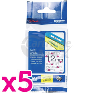5 x Brother TZe-MPPH31 Original 12mm Black on Pink Hearts Laminated Tape - 4 metres