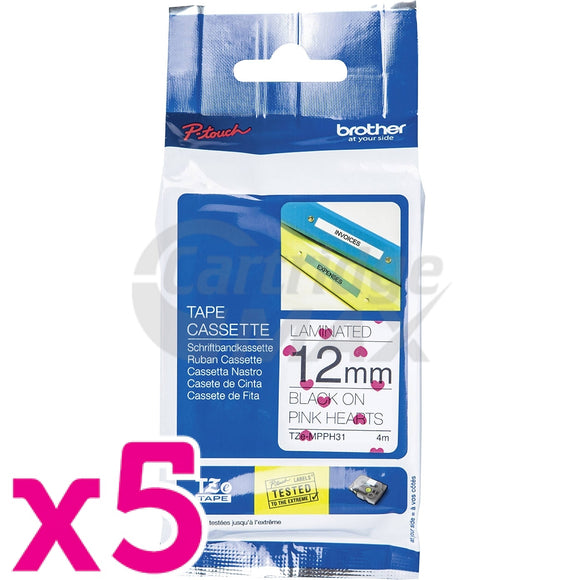 5 x Brother TZe-MPPH31 Original 12mm Black on Pink Hearts Laminated Tape - 4 metres
