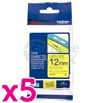5 x Brother TZe-631 Original 12mm Black Text on Yellow Laminated Tape - 8 meters