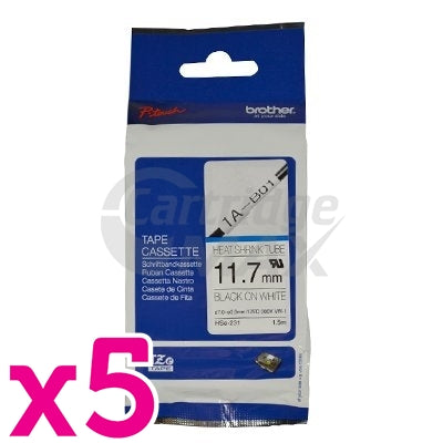 5 x Brother HSe-231 Original 11.7mm Black Text on White Heat Shrink Tube Tape - 1.5 meters