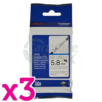 3 x Brother HSe-211 Original 5.8mm Black Text on White Heat Shrink Tube Tape - 1.5 meters