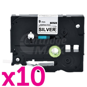 10 x Brother TZe-921 Generic 9mm Black Text on Silver Laminated Tape - 8 meters