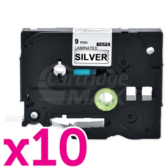 10 x Brother TZe-921 Generic 9mm Black Text on Silver Laminated Tape - 8 meters