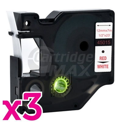 3 x Dymo SD45015 / S0720550 Generic 12mm Red Text on White Label Cassette - 7 meters