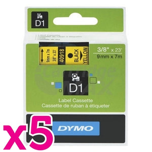 5 x Dymo SD40918 / S0720730 Original 9mm Black Text on Yellow Label Cassette - 7 meters