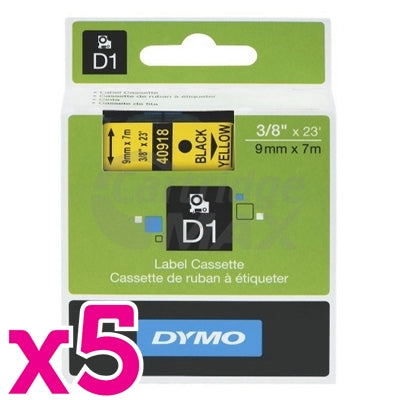 5 x Dymo SD40918 / S0720730 Original 9mm Black Text on Yellow Label Cassette - 7 meters