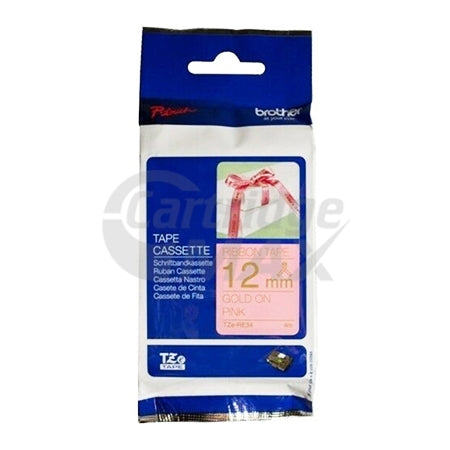 Brother TZe-RE34 Original 12mm Gold Text on Pink Ribbon Tape - 4 metres