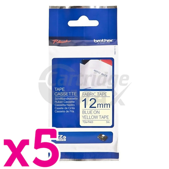 5 x Brother TZe-FA63 Original 12mm Blue Text on Yellow Fabric Tape - 3 meters