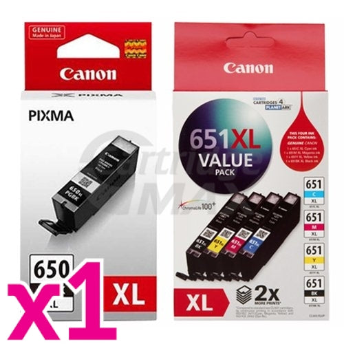 Canon PGI-650XLBK + CLI-651XLVP Value Pack Original High Yield Inkjet Cartridges Combo [1BK,1PBK,1C,1M,1Y]