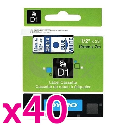 40 x Dymo SD45014 / S0720540 Original 12mm Blue Text on White Label Cassette - 7 meters