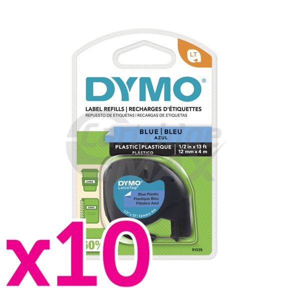 10 x Dymo 91335 Original 12mm x 4m Black On Blue LetraTag Plastic Tape