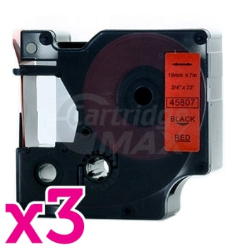 3 x Dymo SD45807 / S0720870 Generic 19mm Black Text on Red Label Cassette - 7 meters