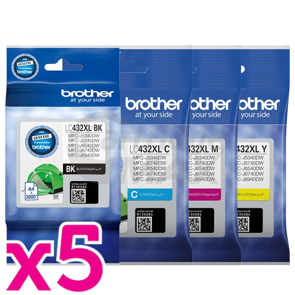 20 Pack Brother LC-432XL Original High Yield Ink Cartridges Combo [5BK, 5C, 5M, 5Y]