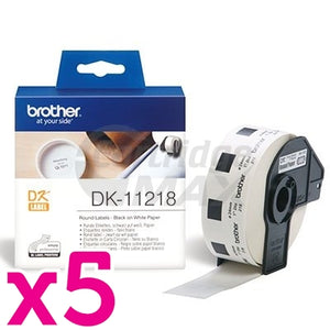 5 x Brother DK-11218 Original Black Text on White 24mm Diameter Die-Cut Paper Label Roll - 1000 labels per roll