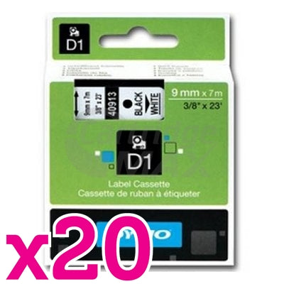 20 x Dymo SD40913 / S0720680 Original 9mm Black Text on White Label Cassette - 7 meters