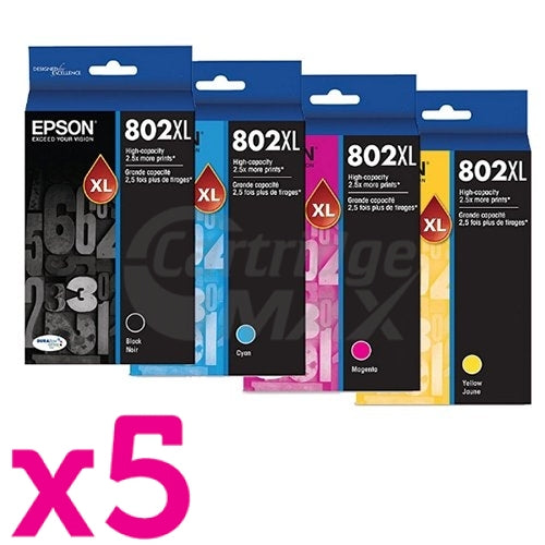 5 Sets of 4 Pack Epson 802XL (C13T356192-C13T356492) Original High Yield Inkjet Cartridge Combo Pack [5BK,5C,5M,5Y]