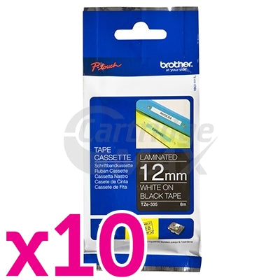 10 x Brother TZe-335 Original 12mm White Text on Black Laminated Tape - 8 metres