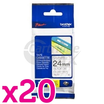 20 x Brother TZe-151 Original 24mm Black Text on Clear Laminated Tape - 8 meters