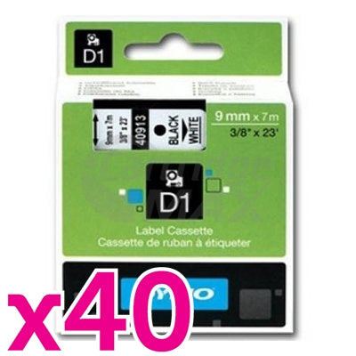 40 x Dymo SD40913 / S0720680 Original 9mm Black Text on White Label Cassette - 7 meters
