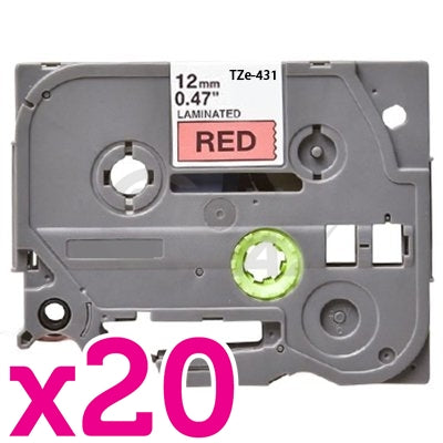 20 x Brother TZe-431 Generic 12mm Black Text on Red Laminated Tape - 8 meters