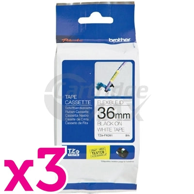 3 x Brother TZe-FX261 Original 36mm Black Text on White Flexible Tape - 8 metres