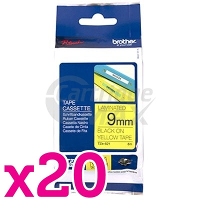 20 x Brother TZe-621 Original 9mm Black Text on Yellow Laminated Tape - 8 meters