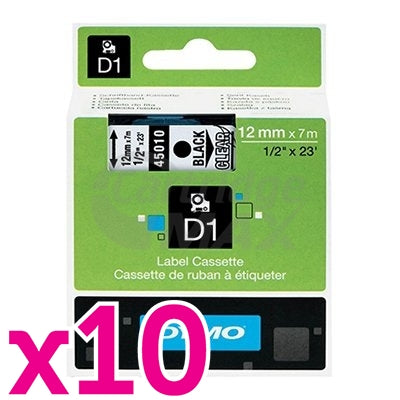 10 x Dymo SD45010 / S0720500 Original 12mm Black Text on Clear Label Cassette - 7 meters
