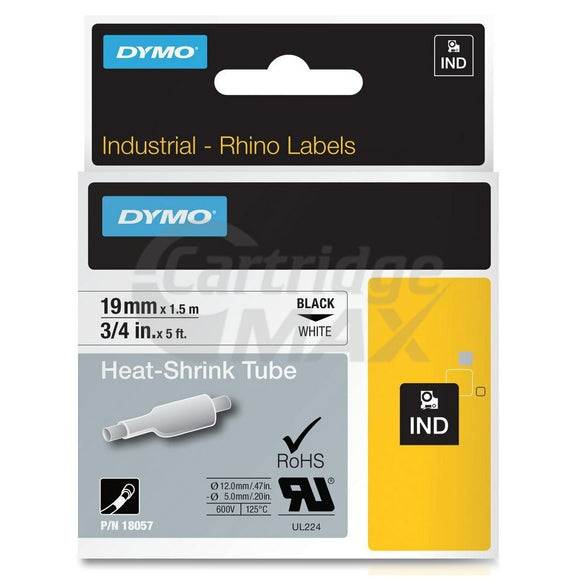 Dymo SD18057 Original 19mm Black Text on White Heat-Shrink Tube Industrial Rhino Label Cassette - 1.5 meters