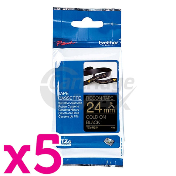 5 x Original Brother TZe-R354 24mm Gold Text on Black Ribbon Tape - 4 metres