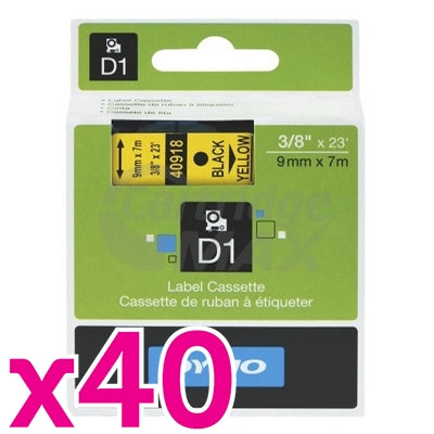 40 x Dymo SD40918 / S0720730 Original 9mm Black Text on Yellow Label Cassette - 7 meters