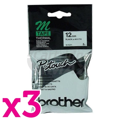 3 x Brother M-K231 Original 12mm Black Text on White Tape - 8 meters