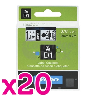 20 x Dymo SD40910 / S0720670 Original 9mm Black Text on Clear Label Cassette - 7 meters