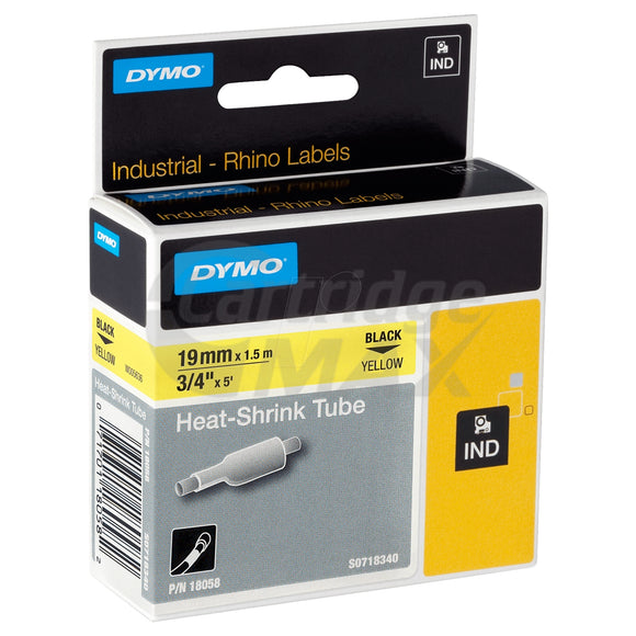 Dymo SD18058 Original 19mm Black Text on Yellow Heat-Shrink Tube Industrial Rhino Label Cassette - 1.5 meters