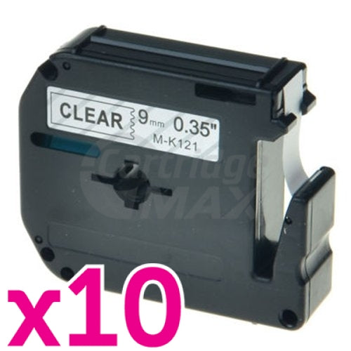 10 x Brother M-K121 Generic 9mm Black Text on Clear Tape - 8 meters