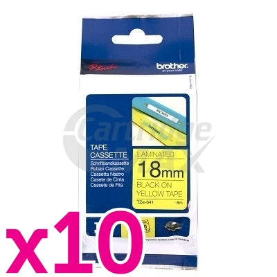 10 x Brother TZe-641 Original 18mm Black Text on Yellow Laminated Tape - 8 meters