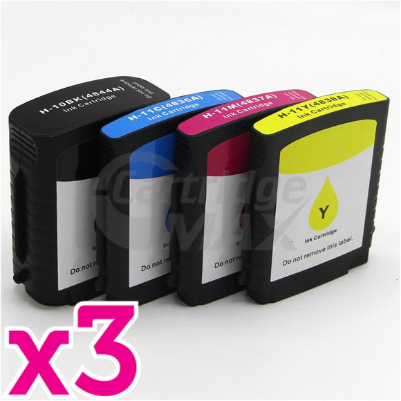 3 sets of 4 Pack HP 10 + 11 Generic Inkjet Cartridges C4844AA+C4836AA-C4838AA [3BK,3C,3M,3Y]