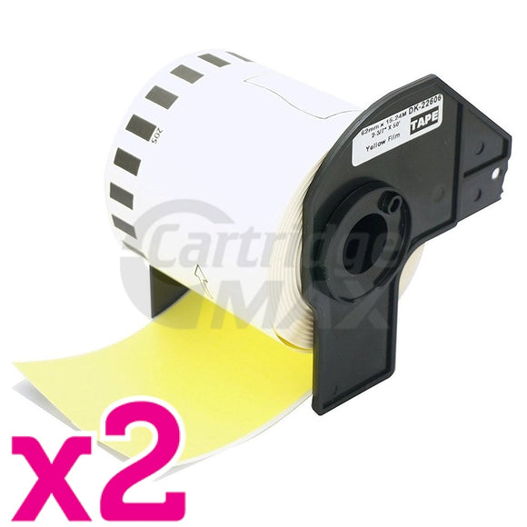 2 x Brother DK-22606 Generic Black Text on Yellow Continuous Film Label Roll 62mm x 15.24m
